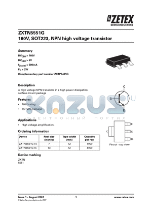 ZXTN5551GTA datasheet - 160V, SOT223, NPN high voltage transistor