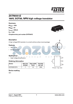 ZXTN5551Z datasheet - 160V, SOT89, NPN high voltage transistor