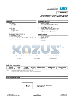 ZXTNS618MC datasheet - 20V NPN LOW SATURATION TRANSISTOR AND 40V, 1A SCHOTTKY DIODE COMBINATION DUAL