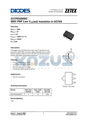 ZXTP03200BZ datasheet - 200V PNP Low VCE(sat) transistor