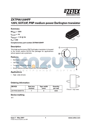 ZXTP05120HFFTA datasheet - 120V, SOT23F, PNP medium power Darlington transistor