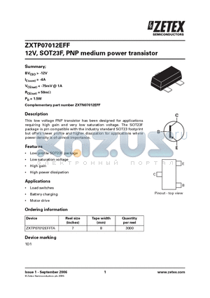 ZXTP07012EFF datasheet - 12V, SOT23F, PNP medium power transistor