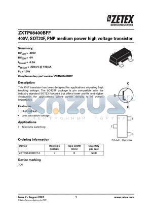 ZXTP08400BFF datasheet - 400V, SOT23F, PNP medium power high voltage transistor