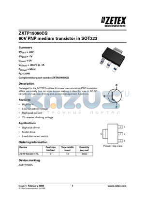 ZXTP19060CG datasheet - 60V PNP medium transistor