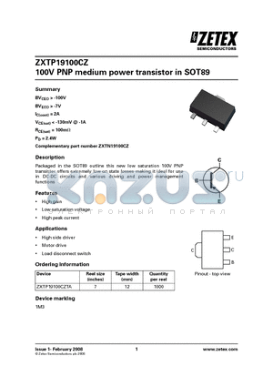 ZXTP19100CZ datasheet - 100V PNP medium power transistor in SOT89