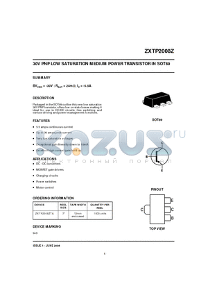 ZXTP2008ZTA datasheet - 30V PNP LOW SATURATION MEDIUM POWER TRANSISTOR IN SOT89