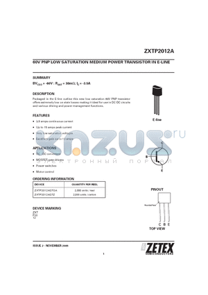 ZXTP2012A datasheet - 60V PNP LOW SATURATION MEDIUM POWER TRANSISTOR IN E-LINE