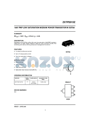 ZXTP2013ZTA datasheet - 100V PNP LOW SATURATION MEDIUM POWER TRANSISTOR IN SOT89