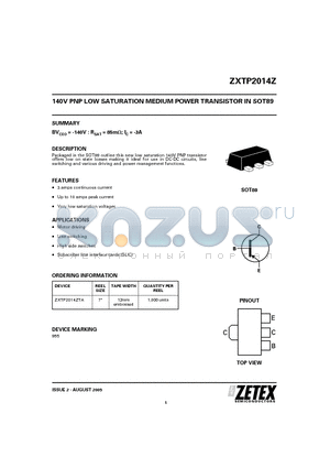 ZXTP2014Z datasheet - 140V PNP LOW SATURATION MEDIUM POWER TRANSISTOR IN SOT89