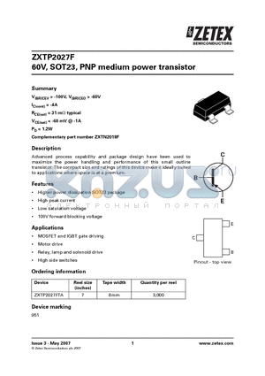 ZXTP2027F datasheet - 60V, SOT23, PNP medium power transistor
