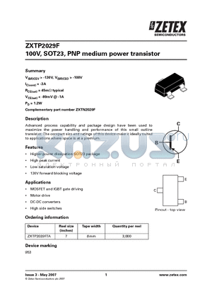 ZXTP2029FTA datasheet - 100V, SOT23, PNP medium power transistor