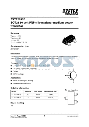 ZXTP2039FTA datasheet - SOT23 80 volt PNP silicon planar medium power transistor