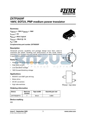 ZXTP2029FTA datasheet - 100V, SOT23, PNP medium power transistor