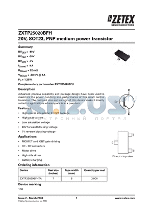 ZXTP25020BFH datasheet - 20V, SOT23, PNP medium power transistor