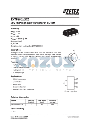 ZXTP25020DZTA datasheet - 20V PNP high gain transistor in SOT89