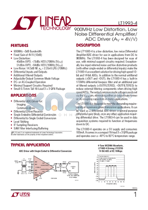 LT1993CUD-4 datasheet - 900MHz Low Distortion, Low Noise Differential Amplifi er/ADC Driver (AV = 4V/V)