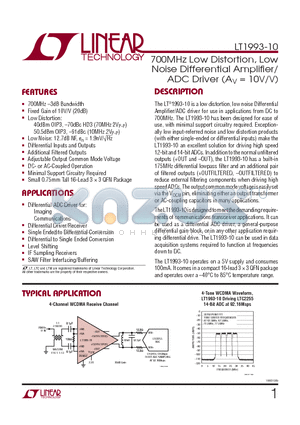 LT1993IUD-10 datasheet - 700MHz Low Distortion, Low Noise Differential Amplifi er/ADC Driver (AV = 10V/V)