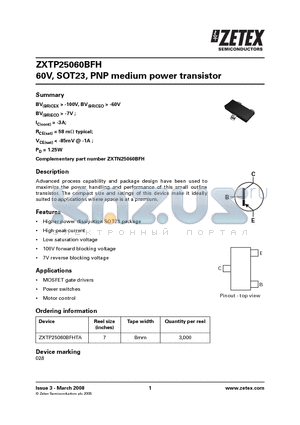 ZXTP25060BFHTA datasheet - 60V, SOT23, PNP medium power transistor