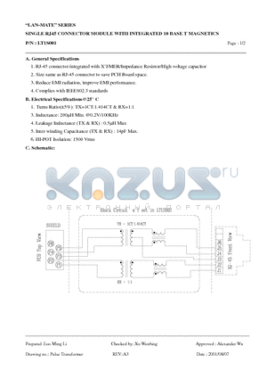 LT1S001 datasheet - SINGLE RJ45 CONNECTOR MODULE WITH INTEGRATED 10 BASE T MAGNETICS