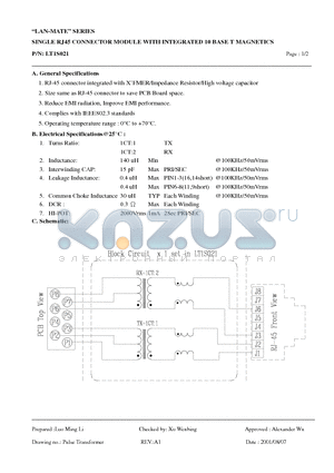 LT1S021 datasheet - SINGLE RJ45 CONNECTOR MODULE WITH INTEGRATED 10 BASE T MAGNETICS
