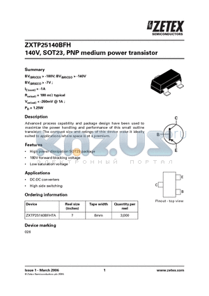 ZXTP25140BFH datasheet - 140V, SOT23, PNP medium power transistor