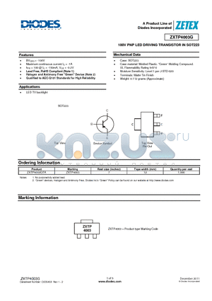 ZXTP4003G datasheet - 100V PNP LED DRIVING TRANSISTOR IN SOT223