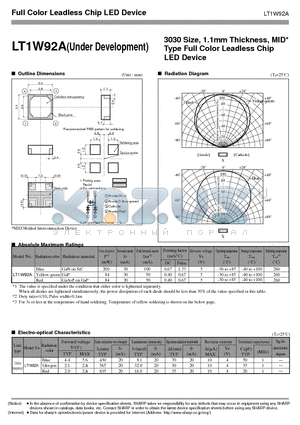 LT1W92A datasheet - 3030 Size, 1.1mm Thickness, MID* Type Full Color Leadless Chip LED Device