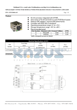 LT1T104A-43 datasheet - SINGLE RJ45 CONNECTOR MODULE WITH INTEGRATED 10 BASE T MAGNETICS AND LEDS