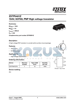 ZXTP5401Z datasheet - 150V, SOT89, PNP High voltage transistor