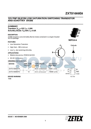 ZXTS1000E6TA datasheet - 12V PNP SILICON LOW SATURATION SWITCHING TRANSISTOR AND SCHOTTKY DIODE