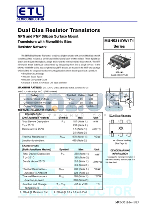 MUN5311W datasheet - Dual Bias Resistor Transistors