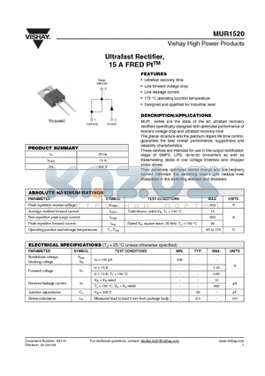 MUR1520 datasheet - Ultrafast Rectifier, 15 A FRED PtTM