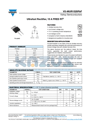 MUR1520PBF datasheet - Ultrafast Rectifier, 15 A FRED Pt