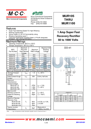 MUR180 datasheet - 1 Amp Super Fast Recovery Rectifier 50 to 1000 Volts