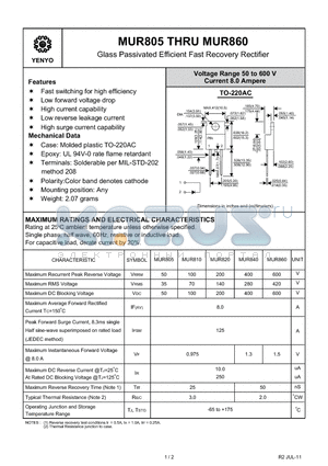 MUR810 datasheet - Glass Passivated Efficient Fast Recovery Rectifier