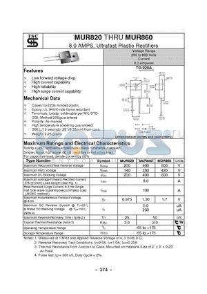 MUR820 datasheet - 8.0 AMPS. Ultrafast Plastic Rectifiers