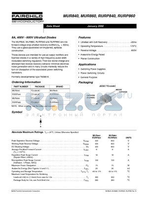 MUR840 datasheet - 8A, 400V - 600V Ultrafast Diodes