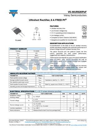 MUR820PBF datasheet - Ultrafast Rectifier, 8 A FRED Pt