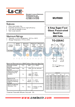 MUR860 datasheet - 8Amp super fast glass passivated rectifier 600volts