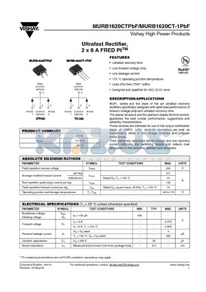 MURB1620CTPBF datasheet - Ultrafast Rectifier, 2 x 8 A FRED PtTM