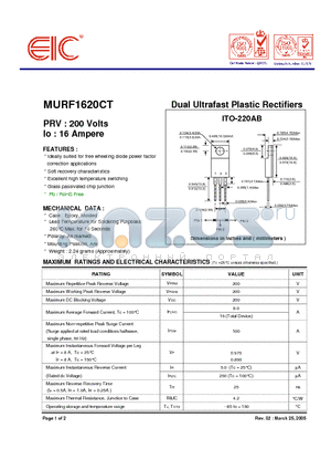 MURF1620CT datasheet - Dual Ultrafast Plastic Rectifiers