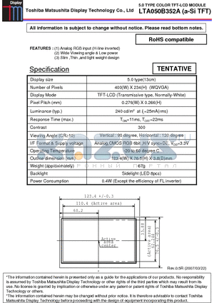 LTA050B352A datasheet - 5.0 TYPE COLOR TFT-LCD MODULE