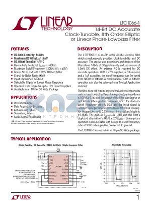 LTC1066-1 datasheet - 14-Bit DC Accurate Clock-Tunable, 8th Order Elliptic or Linear Phase Lowpass Filter