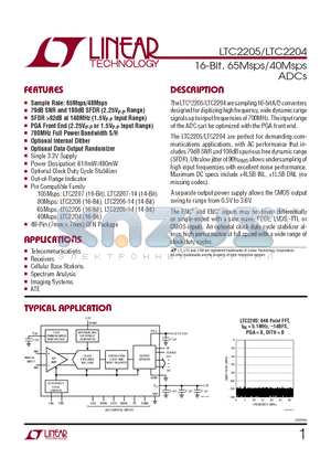 LTC2205IUK-TRPBF datasheet - 16-Bit, 65Msps/40Msps