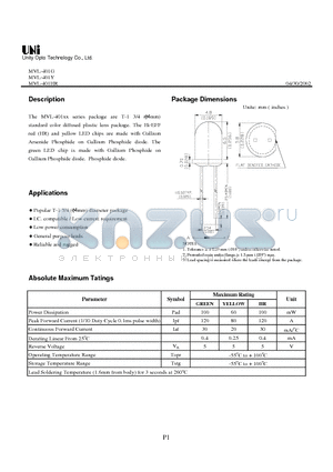 MVL-401Y datasheet - Standard color diffused plastic lens