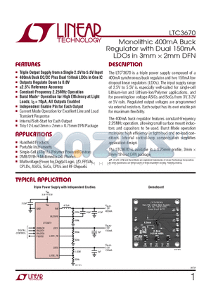 LTC3670EDDB-TRPBF datasheet - Monolithic 400mA Buck Regulator with Dual 150mA LDOs in 3mm  2mm DFN