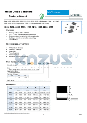 MVS0805B241-S datasheet - Metal Oxide Varistors Surface Mount