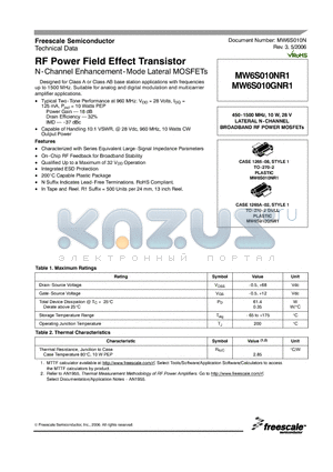 MW6S010NR1 datasheet - RF Power Field Effect Transistor N-Channel Enhancement-Mode Lateral MOSFETs