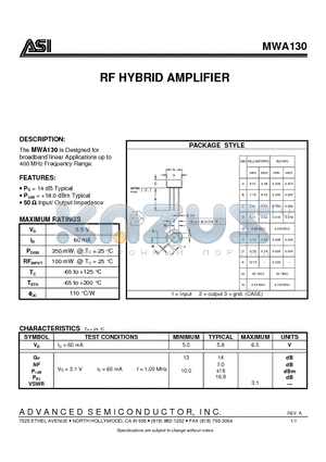 MWA130 datasheet - RF HYBRID AMPLIFIER