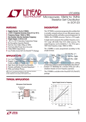 LTC6906CS6 datasheet - Micropower, 10kHz to 1MHz Resistor Set Oscillator in SOT-23